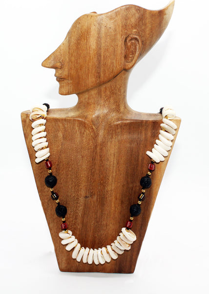 Necklace from Wood Beads, Shell and Lava Stone