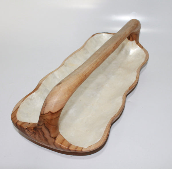 Rectangular teak-wood bowl with handle and Capiz shell inlay