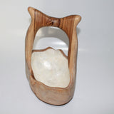 Round teak-wood bowl with handle and Capiz shell inlay