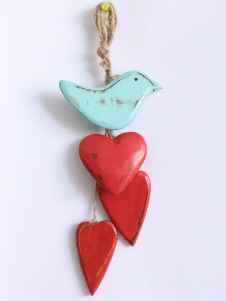 Hanging Heart and Bird Turqis bird, red heart